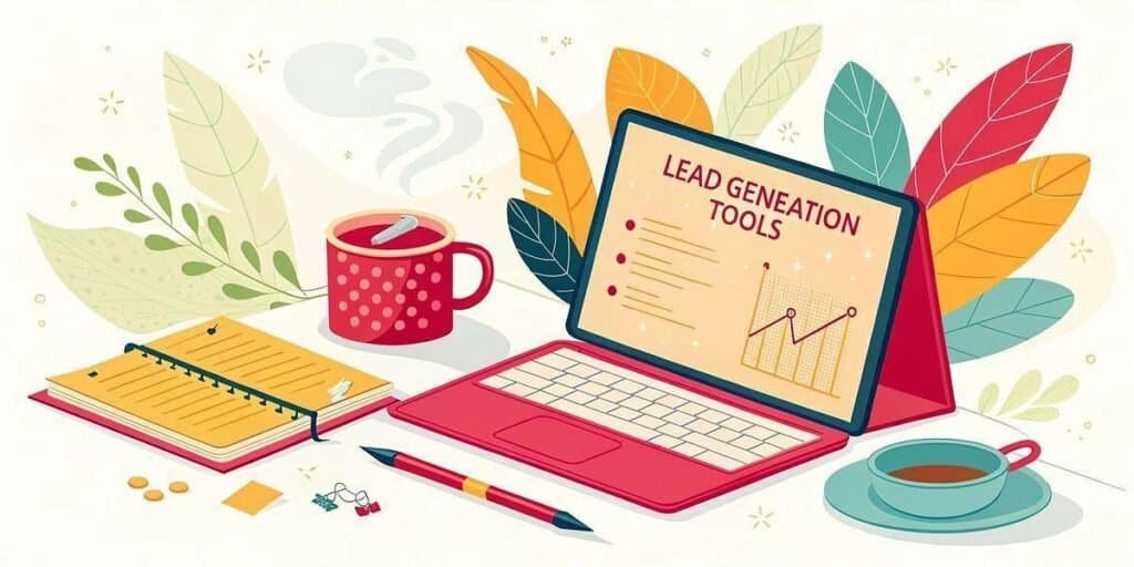 Laptop displaying "Lead Generation Tools," notebook, coffee, and pen on a desk.