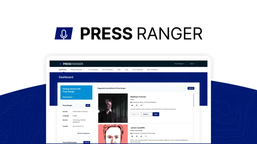 Press Ranger dashboard showing suggested journalists.