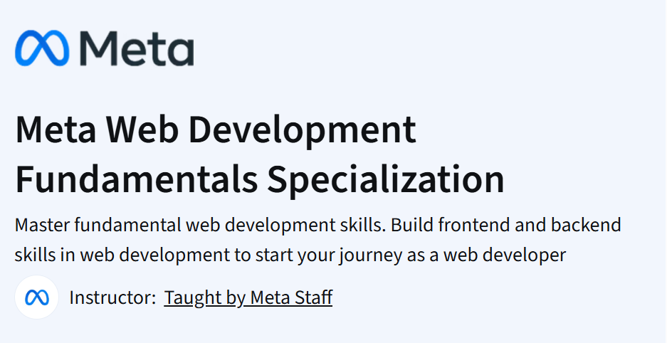 Meta Web Development Fundamentals Specialization logo on Coursera. Learn frontend and backend skills.