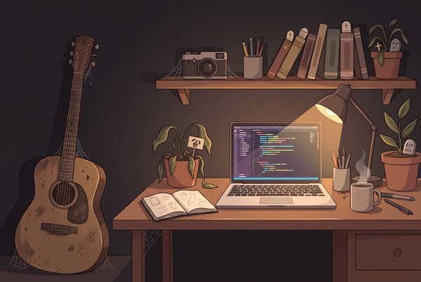 Illustration of abandoned hobbies like a guitar and camera, representing having too many interests